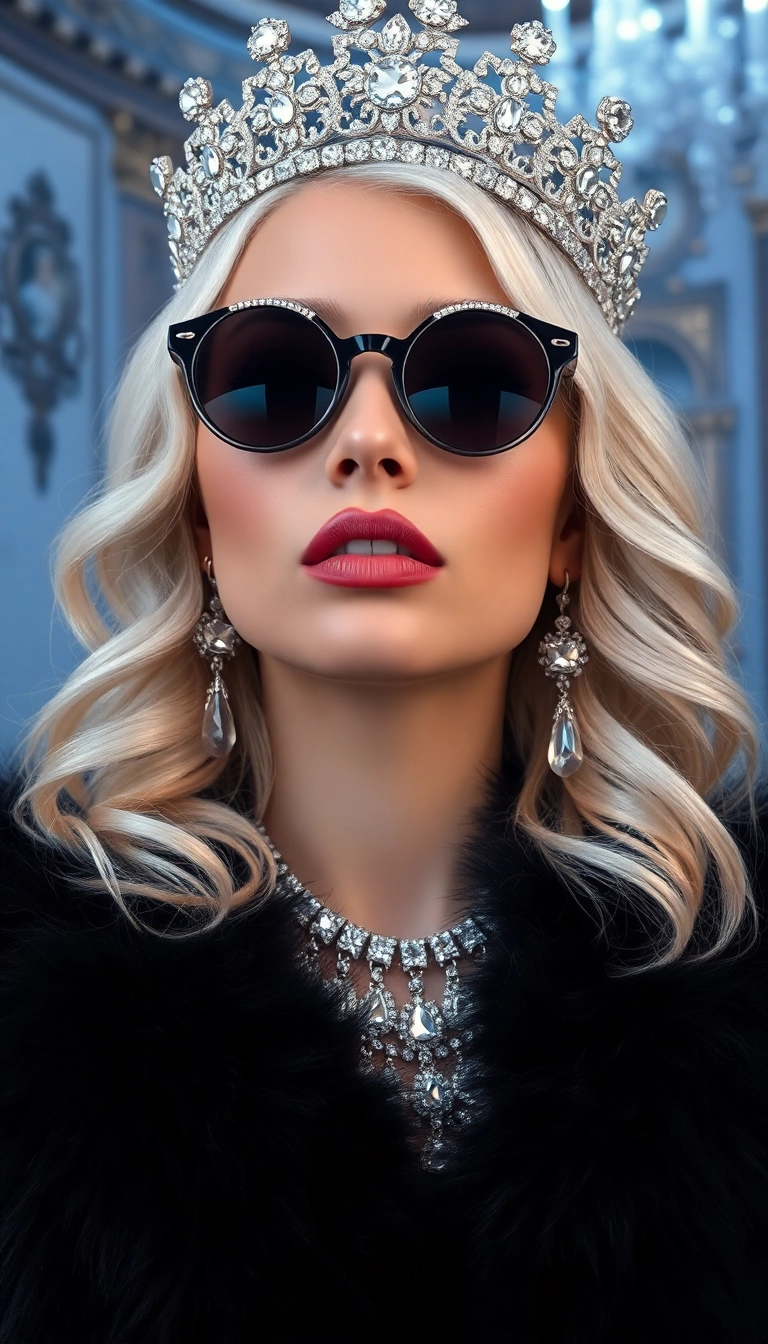HD iPhone AI Young Platinum Blonde Queen in Black Fur Gorgeous Wallpaper